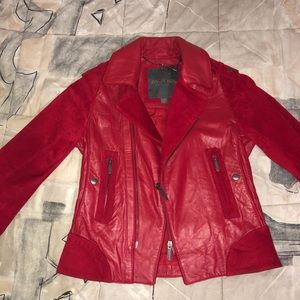 ZAC POSEN Red Leather and Suede Motorcycle Jacket